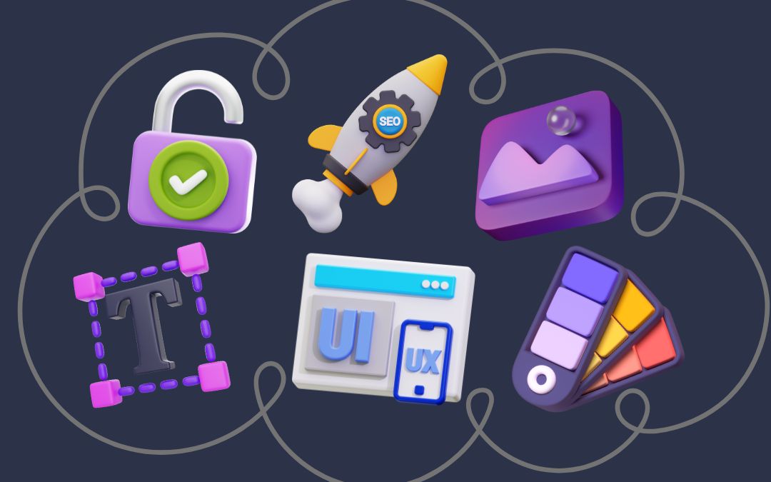 Was deine Website wirklich können muss (Symbolbild: Eine stilisierte Wolke mit Symbolen für die wichtigsten Features: UI/UX, Text, Bild, Farbpalette, Barrierefreiheit, SEO)