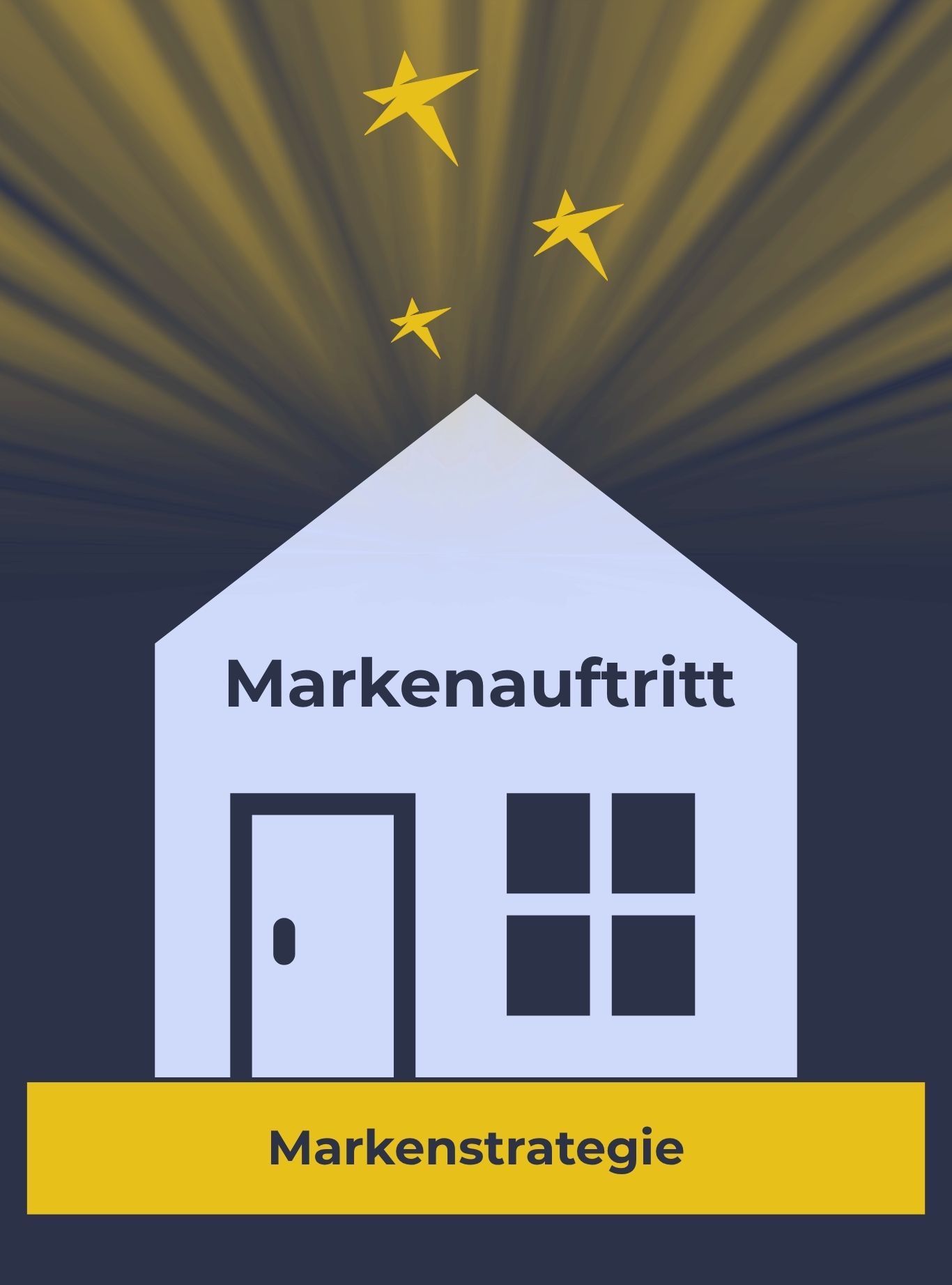 Auf einem soliden gelben Fundament (Markenstrategie) steht ein hellblaues Haus (Markenauftritt). Vom Haus gehen gelbe Strahlen und Sterne Richtung Himmel aus (Markenwirkung).