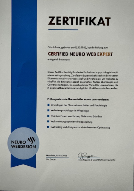 Zertifikat "Certified Neuro Web Expert" Oda Jahnke