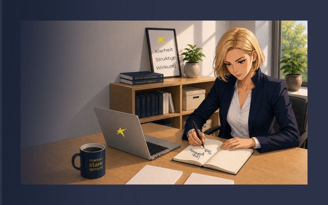 Illustration: Avatar von Oda Jahnke sitzt am Schreibtisch und in ein Notizbuch die Überschrift "Lesefreundliche Texte". Neben ihr ein Laptop und eine blaue Tasse mit dem Logo von markenstarkgemacht. Auf dem Sideboard ein Bild mit „Klarheit - Struktur - Wirkung“ und eine Pflanze.