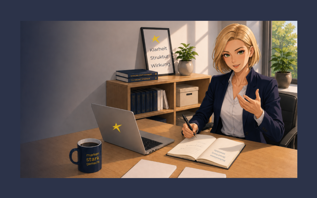 Illustration: Avatar von Oda Jahnke sitzt am Schreibtisch und erklärt freundlich, was auch im Notizbuch vor ihr steht "Markenstimme (Brand Voice) entwickeln". Neben ihr ein Laptop und eine blaue Tasse mit dem Logo von markenstarkgemacht. Auf dem Sideboard ein Bild mit „Klarheit - Struktur - Wirkung“ und eine Pflanze.